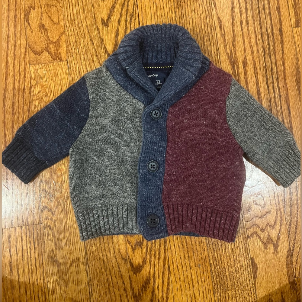GAP Baby Knit Color Block Cardigan in Navy, Burgundy & Grey | 0-3M